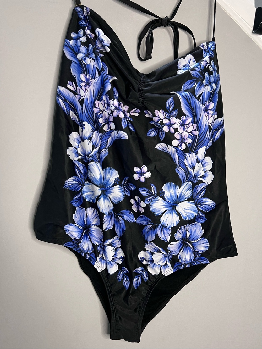 0071: Adore Me Black One-Piece with Blue Floral Print